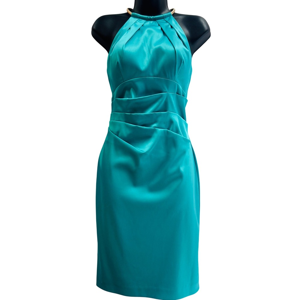 Eliza J Teal Blue Satin Halter Cocktail Dress Gold Chain Neck Ruched Size 6